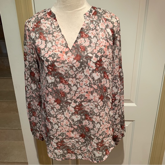 Tops - Women’s blouse with cherry blossoms, gray, white & red flowers. V-neck. …